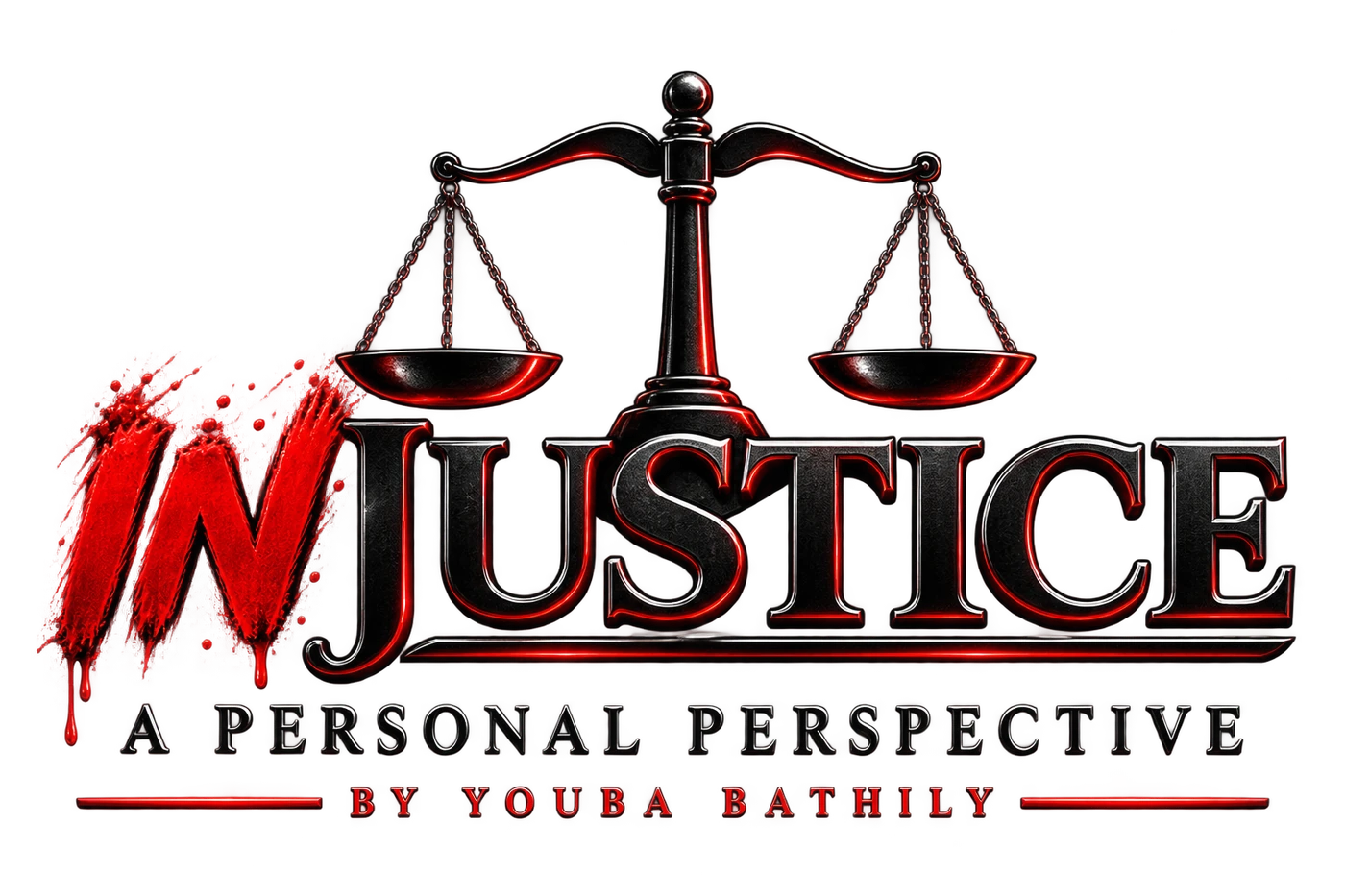Justice scales artwork reading Injustice: A Personal Perspective by Youba Bathily